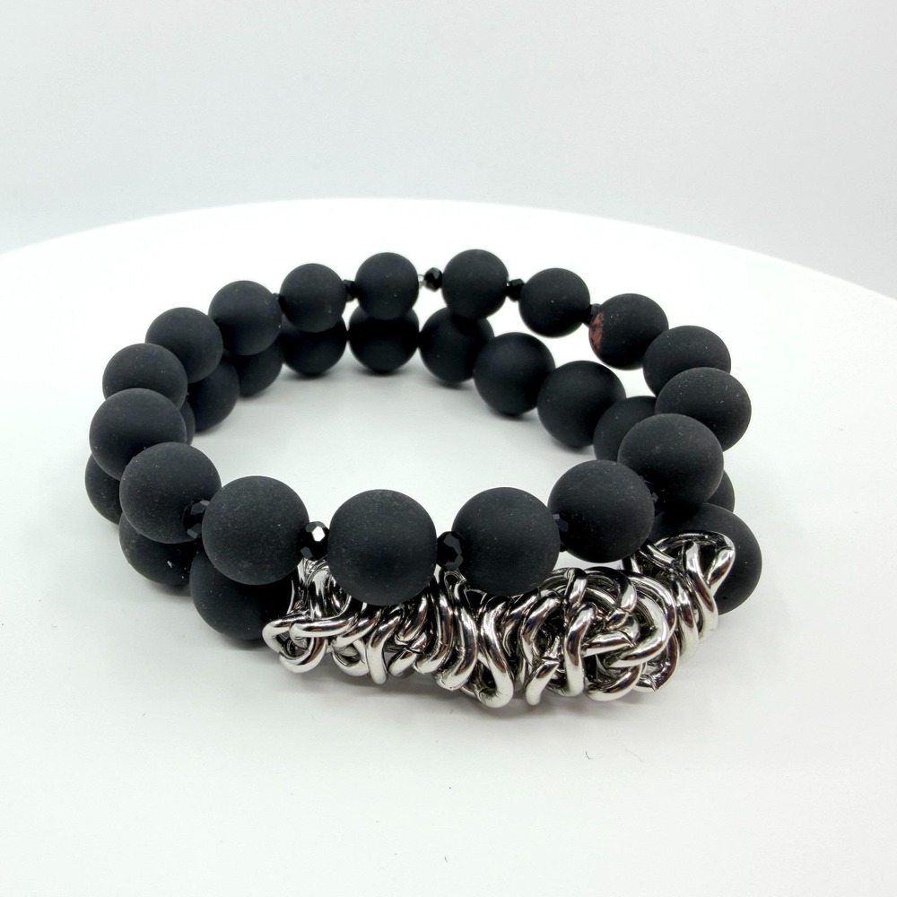Vintage Matte Black Beaded Wrap Bracelet Silver Tone Link Cluster Statement Boho